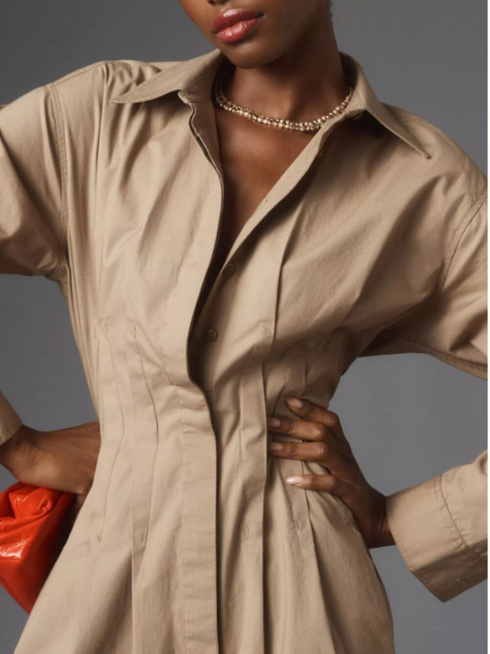Pilcro Pintuck Mini Shirt Dress, Khaki, size M - Picture 3 of 11